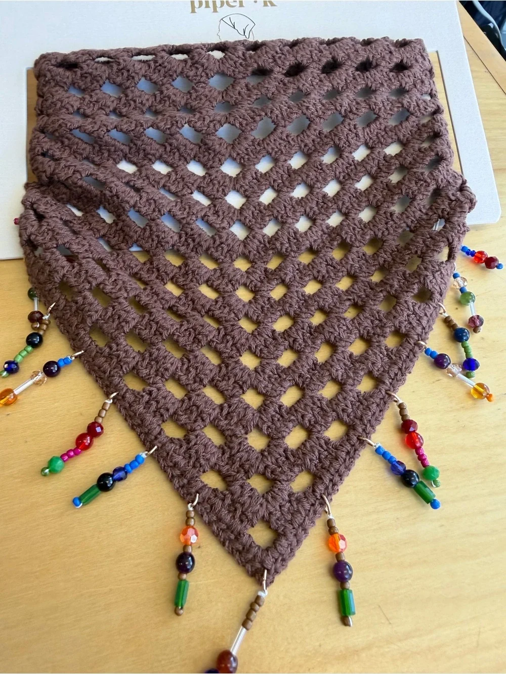 Piper-k Brown Crochet Beaded Triangle Beaded Hair/Neck Scarf
